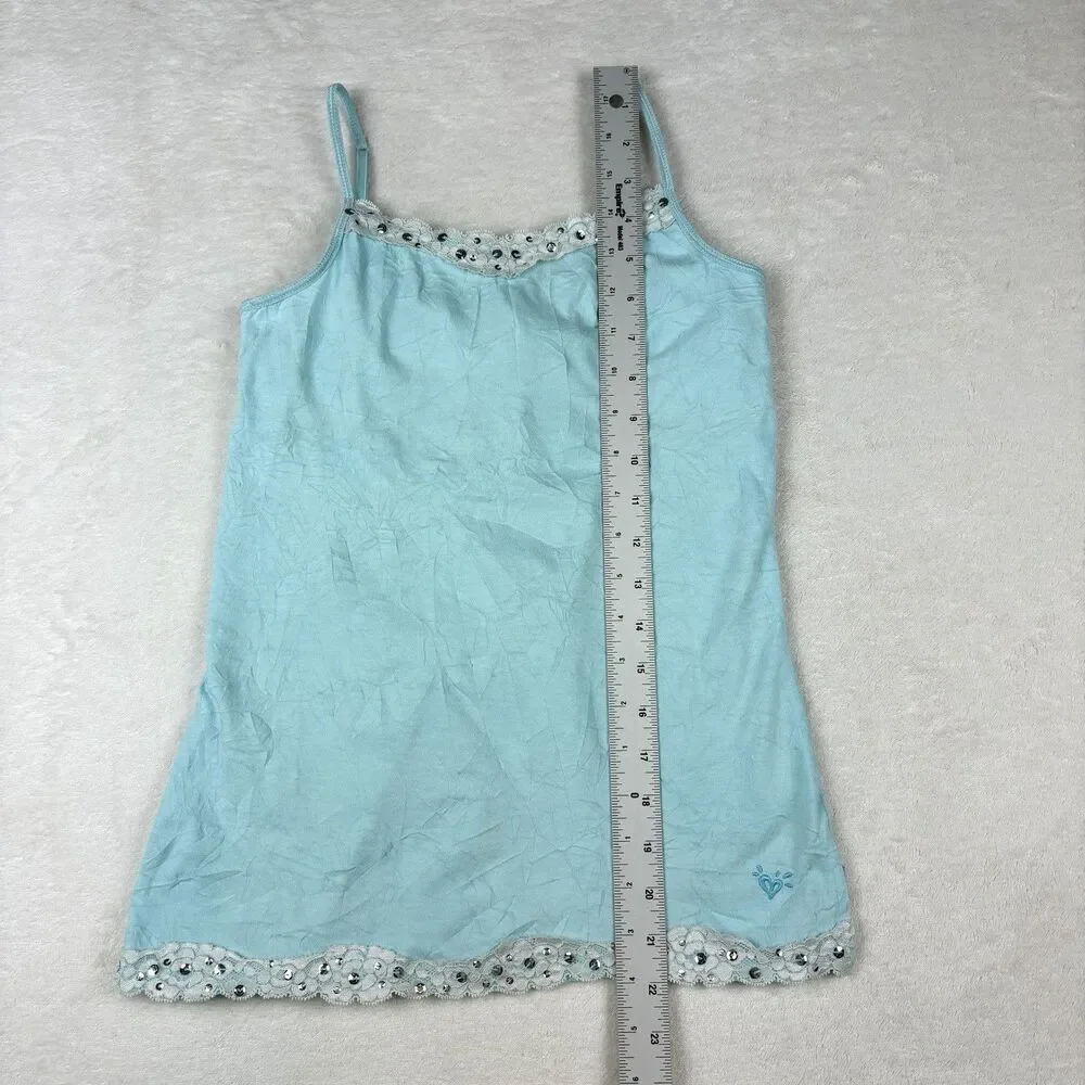 Vintage Y2K Justice Cami Top Girls S 10 Light Blue Krinkle Knit Lace Sequins 90s